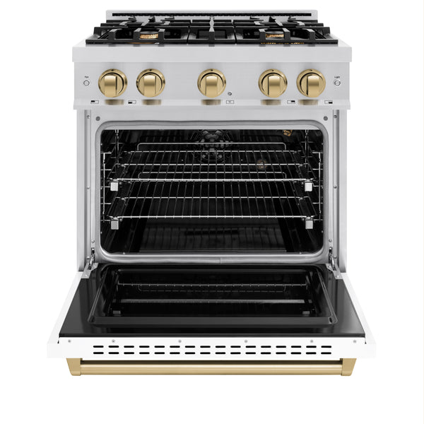 ZLINE Autograph Edition 30 in. 4.2 cu. ft. Classic Gas Range with 4 Burner Cooktop and Convection Gas Oven in Stainless Steel with White Matte Door and Champagne Bronze Accents (CGRZ-WM-30-CB)