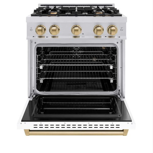 ZLINE Autograph Edition 30 in. 4.2 cu. ft. Classic Gas Range with 4 Burner Cooktop and Convection Gas Oven in Stainless Steel with White Matte Door and Champagne Bronze Accents, Open Box-Good Condition
