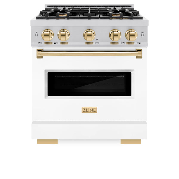 ZLINE Autograph Edition 30 in. 4.2 cu. ft. Classic Gas Range with 4 Burner Cooktop and Convection Gas Oven in Stainless Steel with White Matte Door and Polished Gold Accents (CGRZ-WM-30-G)