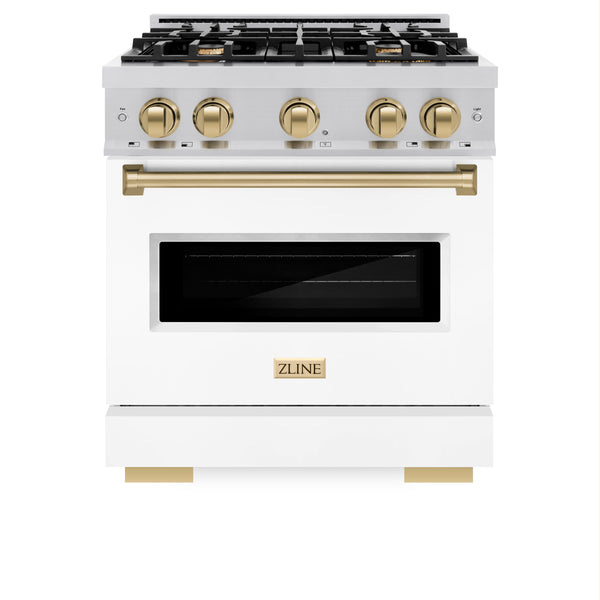 ZLINE Autograph Edition 30 in. 4.2 cu. ft. Classic Gas Range with 4 Burner Cooktop and Convection Gas Oven in Stainless Steel with White Matte Door and Champagne Bronze Accents (CGRZ-WM-30-CB)