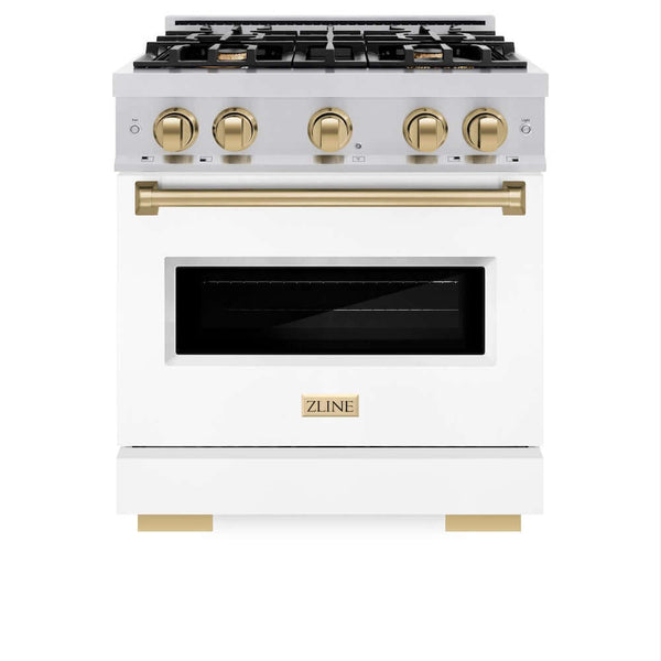 ZLINE Autograph Edition 30 in. 4.2 cu. ft. Classic Gas Range with 4 Burner Cooktop and Convection Gas Oven in Stainless Steel with White Matte Door and Champagne Bronze Accents, Open Box-Good Condition