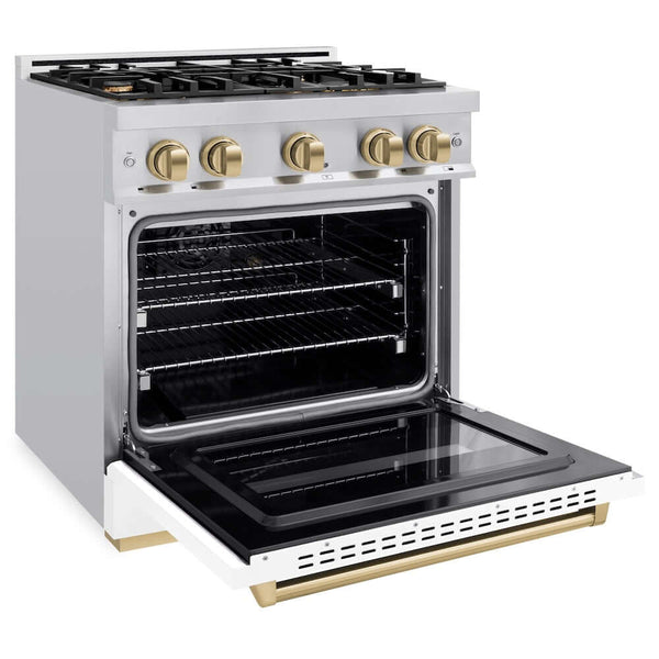 ZLINE Autograph Edition 30 in. 4.2 cu. ft. Classic Gas Range with 4 Burner Cooktop and Convection Gas Oven in Stainless Steel with White Matte Door and Champagne Bronze Accents, Open Box-Good Condition