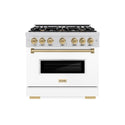 ZLINE Autograph Edition 36 in. 5.2 cu. ft. Classic Gas Range with 6 Burner Cooktop and Convection Gas Oven in Stainless Steel with White Matte Door and Champagne Bronze Accents, Open Box-Great Condition