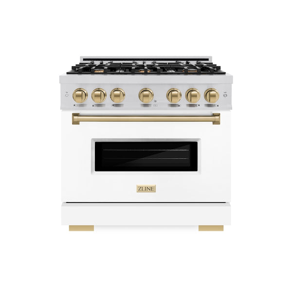 ZLINE Autograph Edition 36 in. 5.2 cu. ft. Classic Gas Range with 6 Burner Cooktop and Convection Gas Oven in Stainless Steel with White Matte Door and Champagne Bronze Accents, Open Box-Great Condition