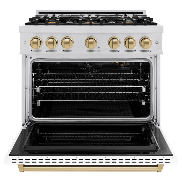 ZLINE Autograph Edition 36 in. 5.2 cu. ft. Classic Gas Range with 6 Burner Cooktop and Convection Gas Oven in Stainless Steel with White Matte Door and Champagne Bronze Accents, Open Box-Great Condition