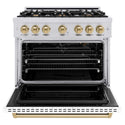 ZLINE Autograph Edition 36 in. 5.2 cu. ft. Classic Gas Range with 6 Burner Cooktop and Convection Gas Oven in Stainless Steel with White Matte Door and Champagne Bronze Accents, Open Box-Good Condition