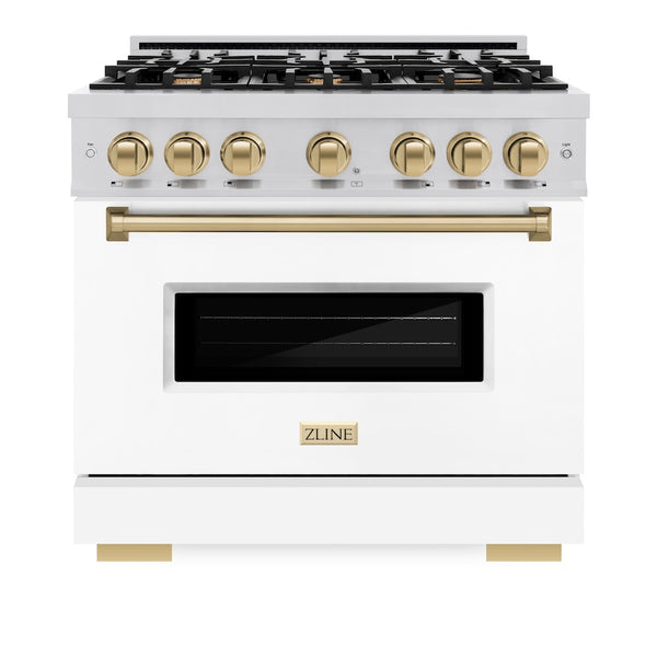 ZLINE Autograph Edition 36 in. 5.2 cu. ft. Classic Gas Range with 6 Burner Cooktop and Convection Gas Oven in Stainless Steel with White Matte Door and Champagne Bronze Accents, Open Box-Great Condition