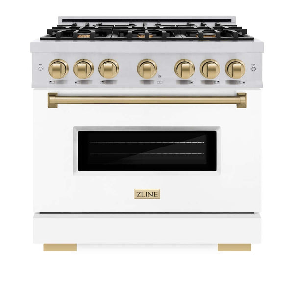 ZLINE Autograph Edition 36 in. 5.2 cu. ft. Classic Gas Range with 6 Burner Cooktop and Convection Gas Oven in Stainless Steel with White Matte Door and Champagne Bronze Accents, Open Box-Good Condition