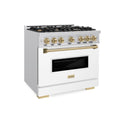 ZLINE Autograph Edition 36 in. 5.2 cu. ft. Classic Gas Range with 6 Burner Cooktop and Convection Gas Oven in Stainless Steel with White Matte Door and Champagne Bronze Accents, Open Box-Great Condition