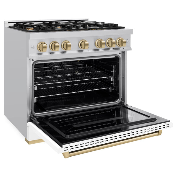 ZLINE Autograph Edition 36 in. 5.2 cu. ft. Classic Gas Range with 6 Burner Cooktop and Convection Gas Oven in Stainless Steel with White Matte Door and Champagne Bronze Accents, Open Box-Great Condition