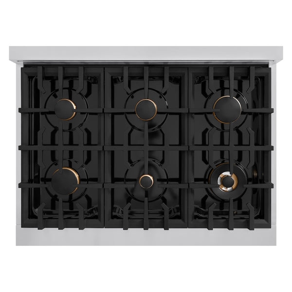 ZLINE Autograph Edition 36 in. 5.2 cu. ft. Classic Gas Range with 6 Burner Cooktop and Convection Gas Oven in Stainless Steel with White Matte Door and Champagne Bronze Accents, Open Box-Great Condition