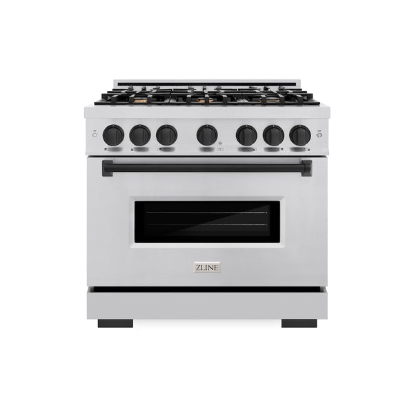 ZLINE Autograph Edition 36 in. 5.2 cu. ft. Classic Gas Range with 6 Burner Cooktop and Convection Gas Oven in Stainless Steel and Matte Black Accents, Open Box-Great Condition