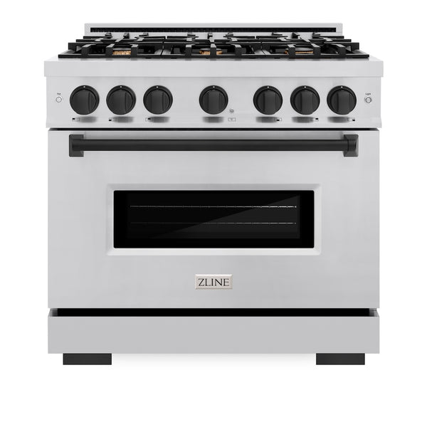 ZLINE Autograph Edition 36 in. 5.2 cu. ft. Classic Gas Range with 6 Burner Cooktop and Convection Gas Oven in Stainless Steel and Matte Black Accents, Open Box-Great Condition