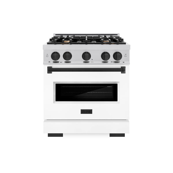 ZLINE Autograph Edition 30 in. 4.2 cu. ft. Classic Gas Range with 4 Burner Cooktop and Convection Gas Oven in Stainless Steel with White Matte Door and Matte Black Accents, Open Box-Great Condition