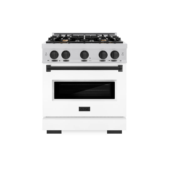 ZLINE Autograph Edition 30 in. 4.2 cu. ft. Classic Gas Range with 4 Burner Cooktop and Convection Gas Oven in Stainless Steel with White Matte Door and Matte Black Accents (CGRZ-WM-30-MB)