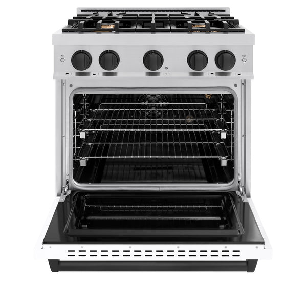 ZLINE Autograph Edition 30 in. 4.2 cu. ft. Classic Gas Range with 4 Burner Cooktop and Convection Gas Oven in Stainless Steel with White Matte Door and Matte Black Accents, Open Box-Great Condition