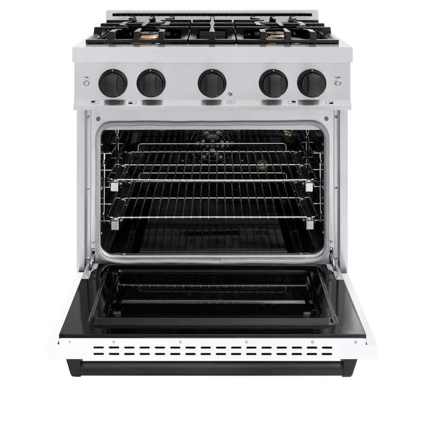 ZLINE Autograph Edition 30 in. 4.2 cu. ft. Classic Gas Range with 4 Burner Cooktop and Convection Gas Oven in Stainless Steel with White Matte Door and Matte Black Accents, Open Box-Good Condition