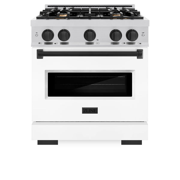 ZLINE Autograph Edition 30 in. 4.2 cu. ft. Classic Gas Range with 4 Burner Cooktop and Convection Gas Oven in Stainless Steel with White Matte Door and Matte Black Accents (CGRZ-WM-30-MB)