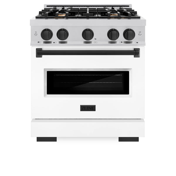 ZLINE Autograph Edition 30 in. 4.2 cu. ft. Classic Gas Range with 4 Burner Cooktop and Convection Gas Oven in Stainless Steel with White Matte Door and Matte Black Accents, Open Box-Great Condition