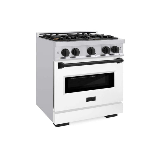 ZLINE Autograph Edition 30 in. 4.2 cu. ft. Classic Gas Range with 4 Burner Cooktop and Convection Gas Oven in Stainless Steel with White Matte Door and Matte Black Accents, Open Box-Good Condition