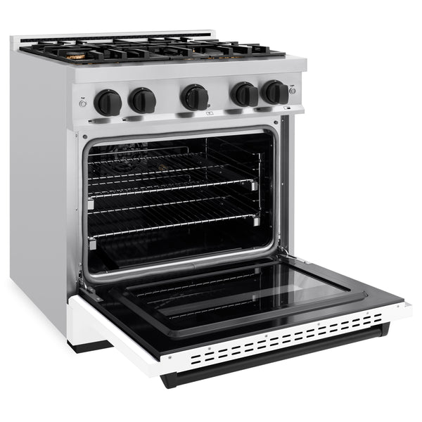 ZLINE Autograph Edition 30 in. 4.2 cu. ft. Classic Gas Range with 4 Burner Cooktop and Convection Gas Oven in Stainless Steel with White Matte Door and Matte Black Accents (CGRZ-WM-30-MB)