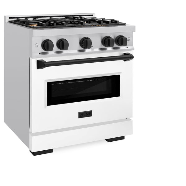 ZLINE Autograph Edition 30 in. 4.2 cu. ft. Classic Gas Range with 4 Burner Cooktop and Convection Gas Oven in Stainless Steel with White Matte Door and Matte Black Accents, Open Box-Great Condition