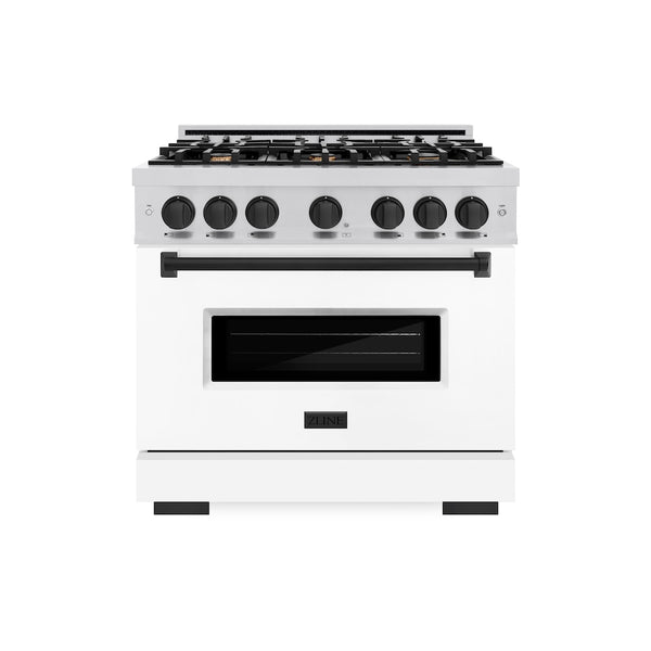 ZLINE Autograph Edition 36 in. 5.2 cu. ft. Classic Gas Range with 6 Burner Cooktop and Convection Gas Oven in Stainless Steel with White Matte Door and Matte Black Accents, Open Box-Great Condition