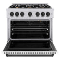 ZLINE Autograph Edition 36 in. 5.2 cu. ft. Classic Gas Range with 6 Burner Cooktop and Convection Gas Oven in Stainless Steel with White Matte Door and Matte Black Accents, Open Box-Good Condition