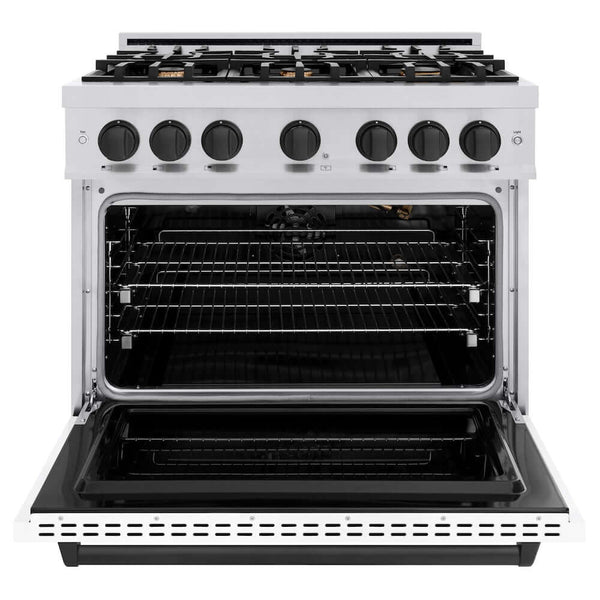 ZLINE Autograph Edition 36 in. 5.2 cu. ft. Classic Gas Range with 6 Burner Cooktop and Convection Gas Oven in Stainless Steel with White Matte Door and Matte Black Accents, Open Box-Good Condition