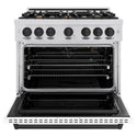 ZLINE Autograph Edition 36 in. 5.2 cu. ft. Classic Gas Range with 6 Burner Cooktop and Convection Gas Oven in Stainless Steel with White Matte Door and Matte Black Accents, Open Box-Great Condition