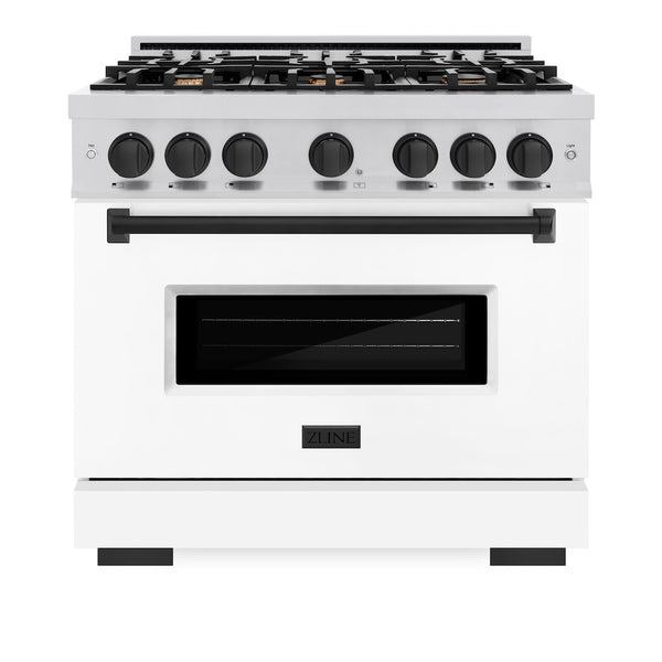 ZLINE Autograph Edition 36 in. 5.2 cu. ft. Classic Gas Range with 6 Burner Cooktop and Convection Gas Oven in Stainless Steel with White Matte Door and Matte Black Accents, Open Box-Great Condition