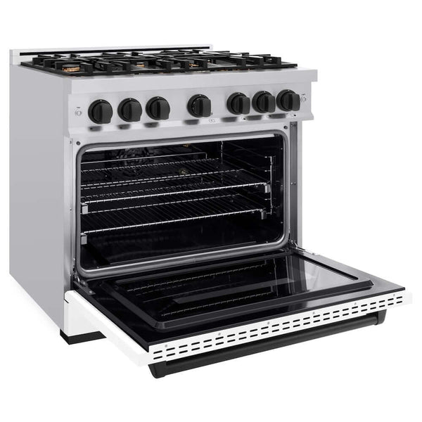 ZLINE Autograph Edition 36 in. 5.2 cu. ft. Classic Gas Range with 6 Burner Cooktop and Convection Gas Oven in Stainless Steel with White Matte Door and Matte Black Accents, Open Box-Good Condition