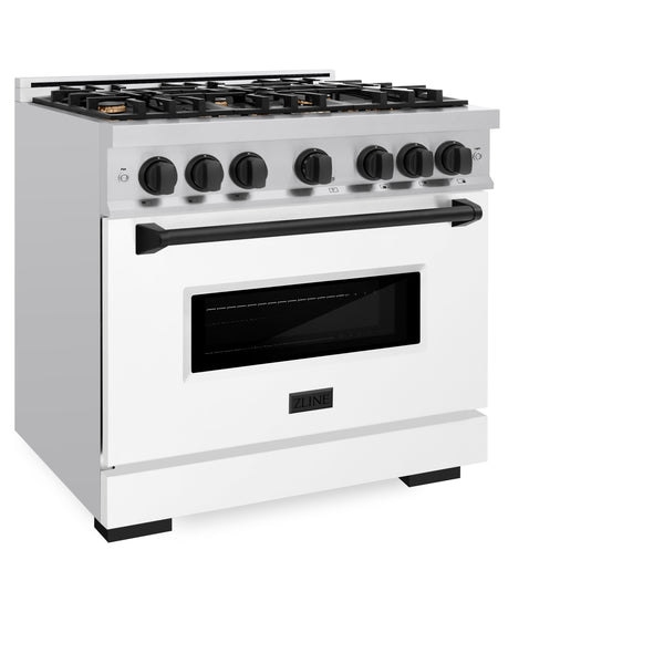 ZLINE Autograph Edition 36 in. 5.2 cu. ft. Classic Gas Range with 6 Burner Cooktop and Convection Gas Oven in Stainless Steel with White Matte Door and Matte Black Accents (CGRZ-WM-36-MB)