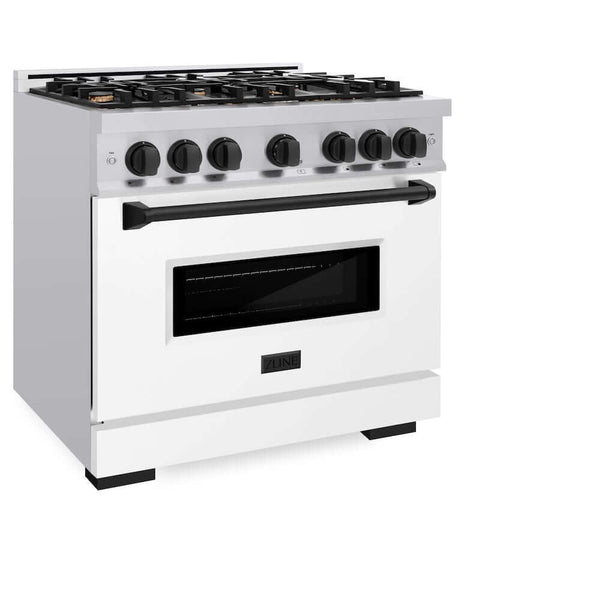 ZLINE Autograph Edition 36 in. 5.2 cu. ft. Classic Gas Range with 6 Burner Cooktop and Convection Gas Oven in Stainless Steel with White Matte Door and Matte Black Accents, Open Box-Good Condition
