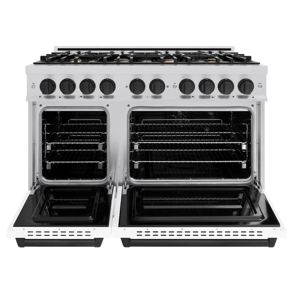 ZLINE Autograph Edition 48 in. 6.7 cu. ft. Classic Double Oven Gas Range with 8 Burner Cooktop in Stainless Steel with White Matte Doors and Matte Black Accents, Open Box-Great Condition