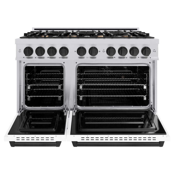 ZLINE Autograph Edition 48 in. 6.7 cu. ft. Classic Double Oven Gas Range with 8 Burner Cooktop in Stainless Steel with White Matte Doors and Matte Black Accents, Open Box-Good Condition