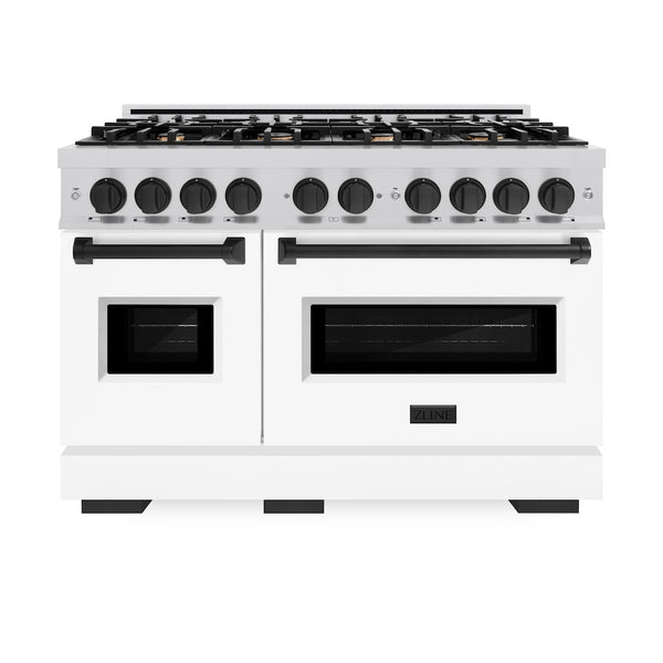ZLINE Autograph Edition 48 in. 6.7 cu. ft. Classic Double Oven Gas Range with 8 Burner Cooktop in Stainless Steel with White Matte Doors and Matte Black Accents, Open Box-Great Condition