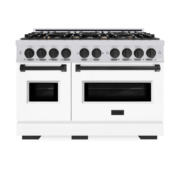 ZLINE Autograph Edition 48 in. 6.7 cu. ft. Classic Double Oven Gas Range with 8 Burner Cooktop in Stainless Steel with White Matte Doors and Matte Black Accents, Open Box-Good Condition