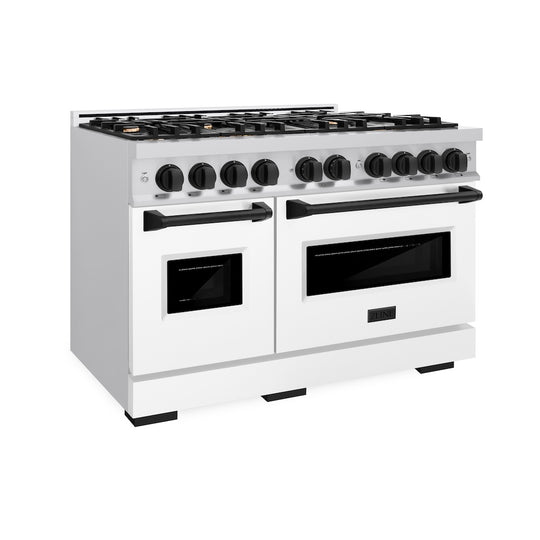 ZLINE Autograph Edition 48 in. 6.7 cu. ft. Classic Double Oven Gas Range with 8 Burner Cooktop in Stainless Steel with White Matte Doors and Matte Black Accents, Open Box-Great Condition