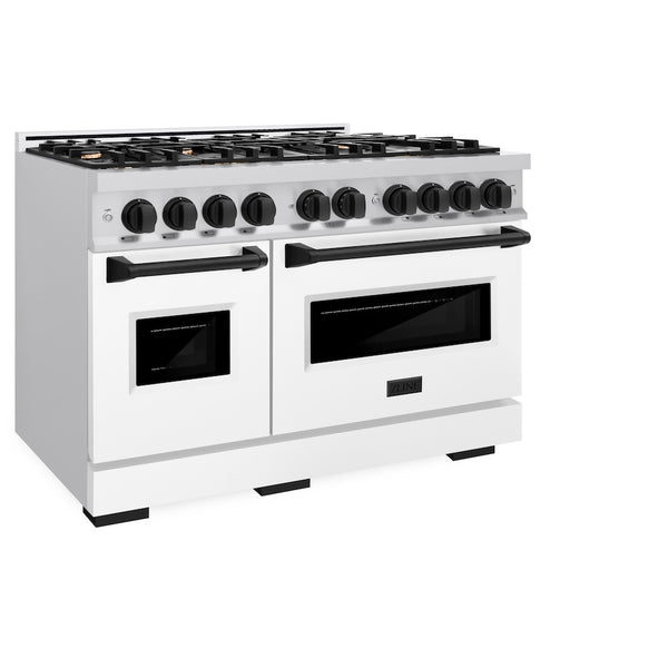 ZLINE Autograph Edition 48 in. 6.7 cu. ft. Classic Double Oven Gas Range with 8 Burner Cooktop in Stainless Steel with White Matte Doors and Matte Black Accents, Open Box-Great Condition
