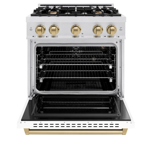 ZLINE Autograph Edition 30 in. 4.2 cu. ft. Classic Gas Range with 4 Burner Cooktop and Convection Gas Oven in DuraSnow® Stainless Steel with White Matte Door and Champagne Bronze Accents (CGRSZ-WM-30-CB)