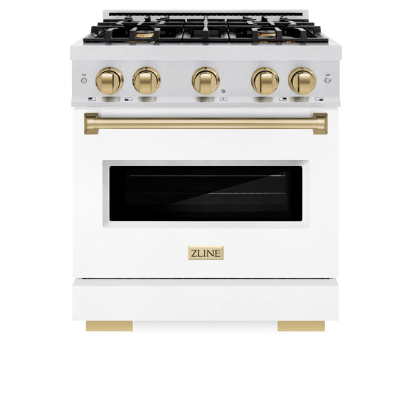 ZLINE Autograph Edition 30 in. 4.2 cu. ft. Classic Gas Range with 4 Burner Cooktop and Convection Gas Oven in DuraSnow® Stainless Steel with White Matte Door and Champagne Bronze Accents (CGRSZ-WM-30-CB)