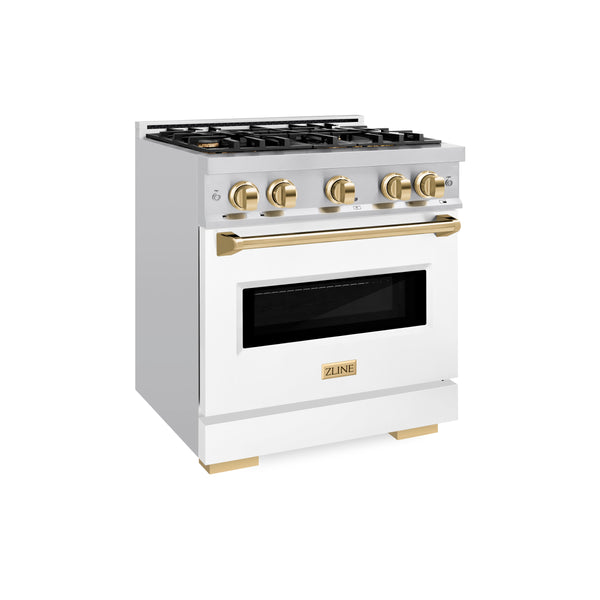 ZLINE Autograph Edition 30 in. 4.2 cu. ft. Classic Gas Range with 4 Burner Cooktop and Convection Gas Oven in DuraSnow® Stainless Steel with White Matte Door and Polished Gold Accents (CGRSZ-WM-30-G)