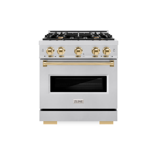 ZLINE Autograph Edition 30 in. 4.2 cu. ft. Classic Gas Range with 4 Burner Cooktop and Convection Gas Oven in Stainless Steel and Polished Gold Accents, Open Box-Great Condition