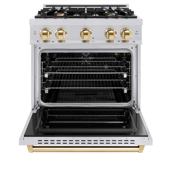 ZLINE Autograph Edition 30 in. 4.2 cu. ft. Classic Gas Range with 4 Burner Cooktop and Convection Gas Oven in Stainless Steel and Polished Gold Accents, Open Box-Good Condition