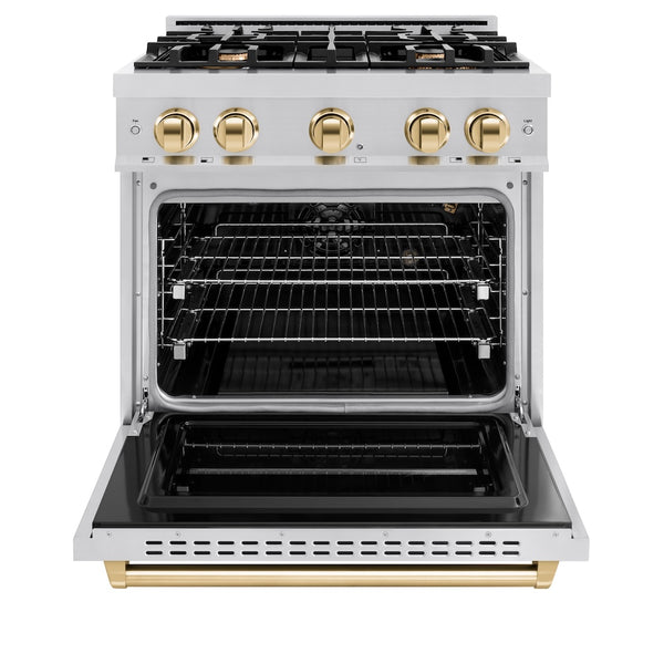 ZLINE Autograph Edition 30 in. 4.2 cu. ft. Classic Gas Range with 4 Burner Cooktop and Convection Gas Oven in Stainless Steel and Polished Gold Accents, Open Box-Great Condition