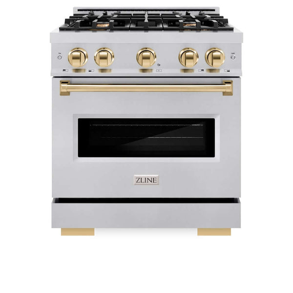 ZLINE Autograph Edition 30 in. 4.2 cu. ft. Classic Gas Range with 4 Burner Cooktop and Convection Gas Oven in Stainless Steel and Polished Gold Accents, Open Box-Good Condition