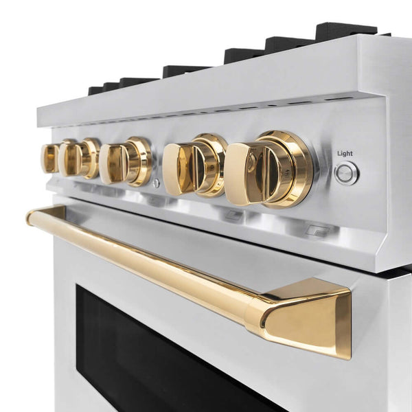 ZLINE Autograph Edition 30 in. 4.2 cu. ft. Classic Gas Range with 4 Burner Cooktop and Convection Gas Oven in Stainless Steel and Polished Gold Accents, Open Box-Good Condition