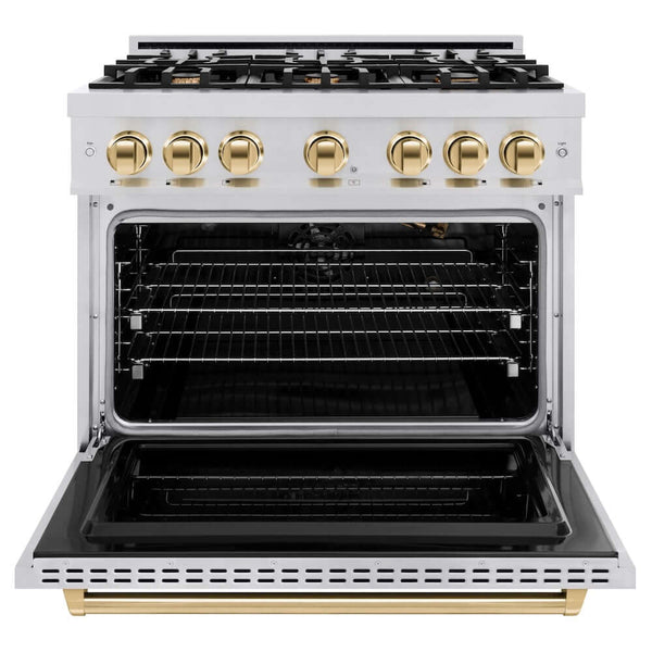 ZLINE Autograph Edition 36 in. 5.2 cu. ft. Classic Gas Range with 6 Burner Cooktop and Convection Gas Oven in Stainless Steel and Polished Gold Accents, Open Box-Good Condition