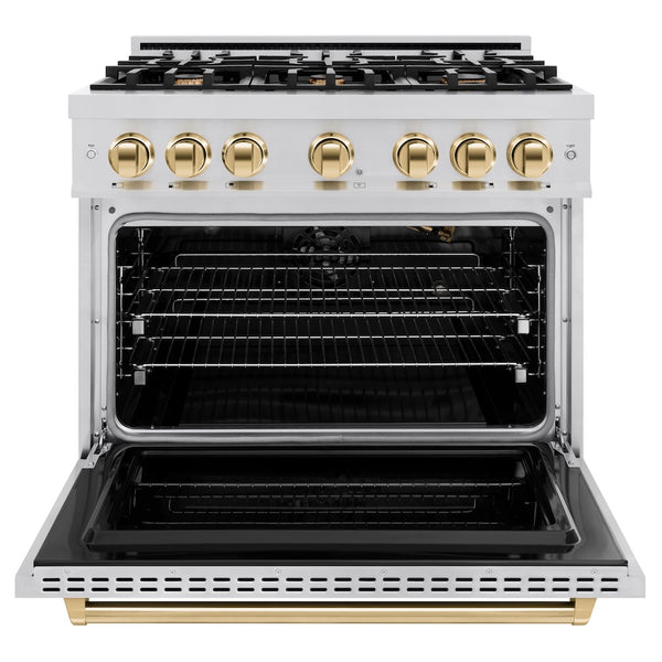 ZLINE Autograph Edition 36 in. 5.2 cu. ft. Classic Gas Range with 6 Burner Cooktop and Convection Gas Oven in Stainless Steel and Polished Gold Accents, Open Box-Great Condition
